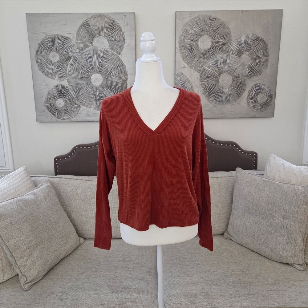🦋PROJECT SOCIAL T🦋 Ribbed V-neck Long Sleeve Top - [XS, Orange]